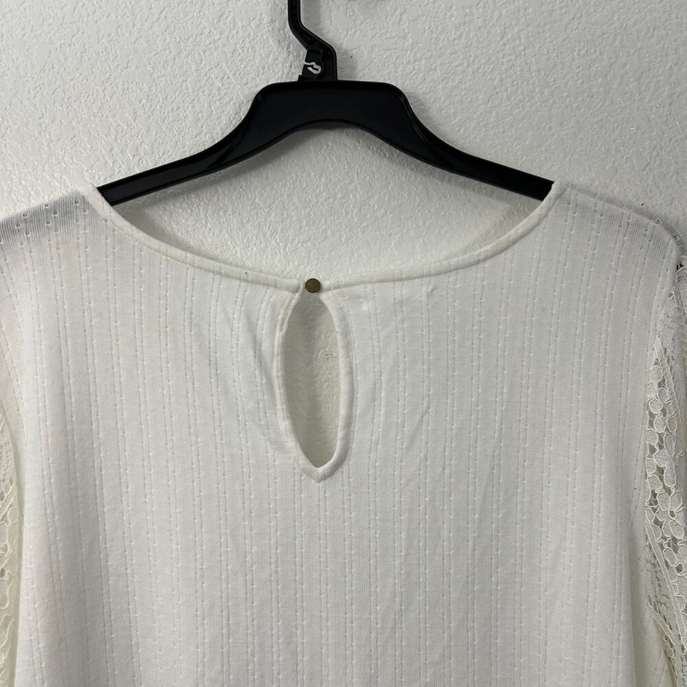 Maurices Ribbed Pointelle V-Neck 3/4 Lace Bell Sleeve Top - Picture 6 of 10